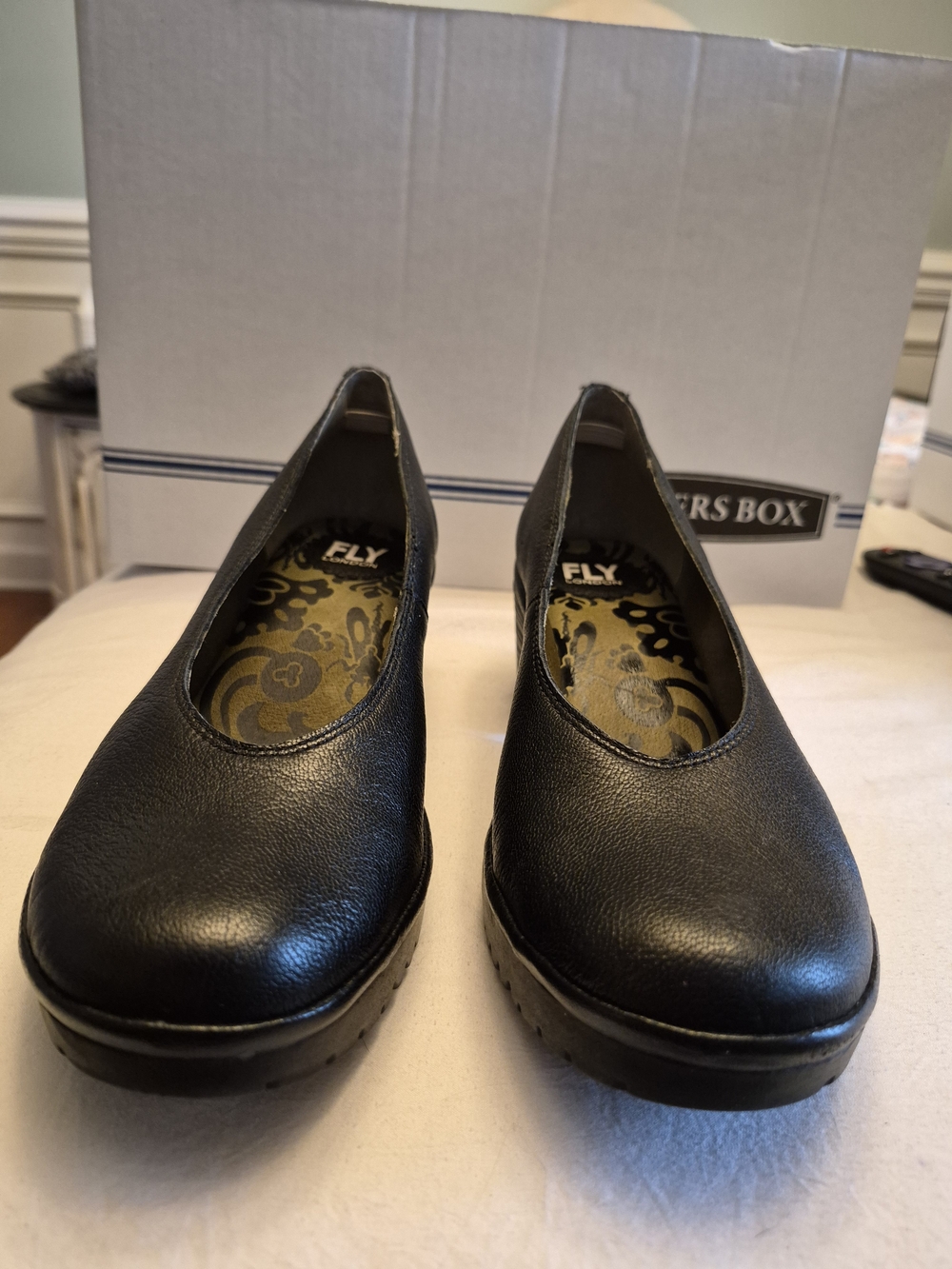 Fly London Walo Black Leather Slip-On Block Heel. Size 39 Or 8.5 Per Size Chart